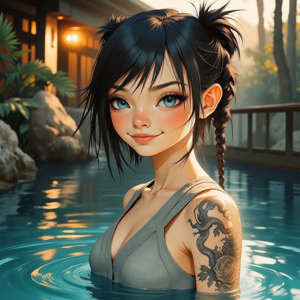 Jodelle Ferland in Traditional Onsen, Romantic Oil Painting ...