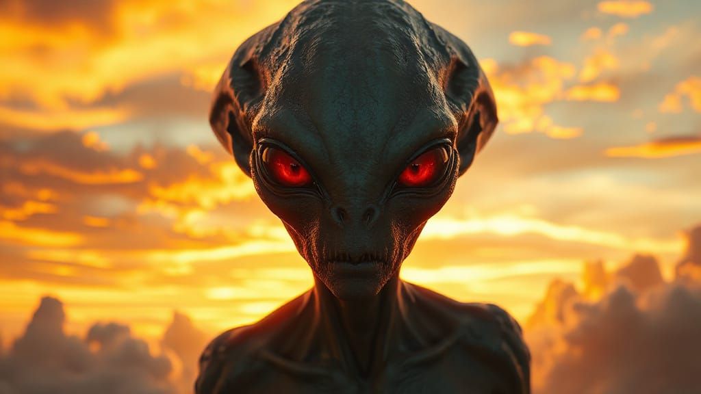 Epic Alien in Sunset Cloudscape