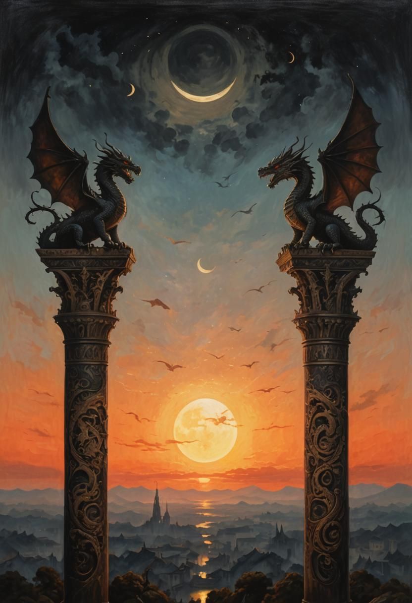 Renaissance Dragon Pillars Under Sun and Moon