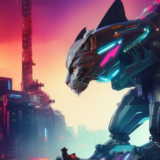 Giant Feline Mech in Cyberpunk 2099 Style