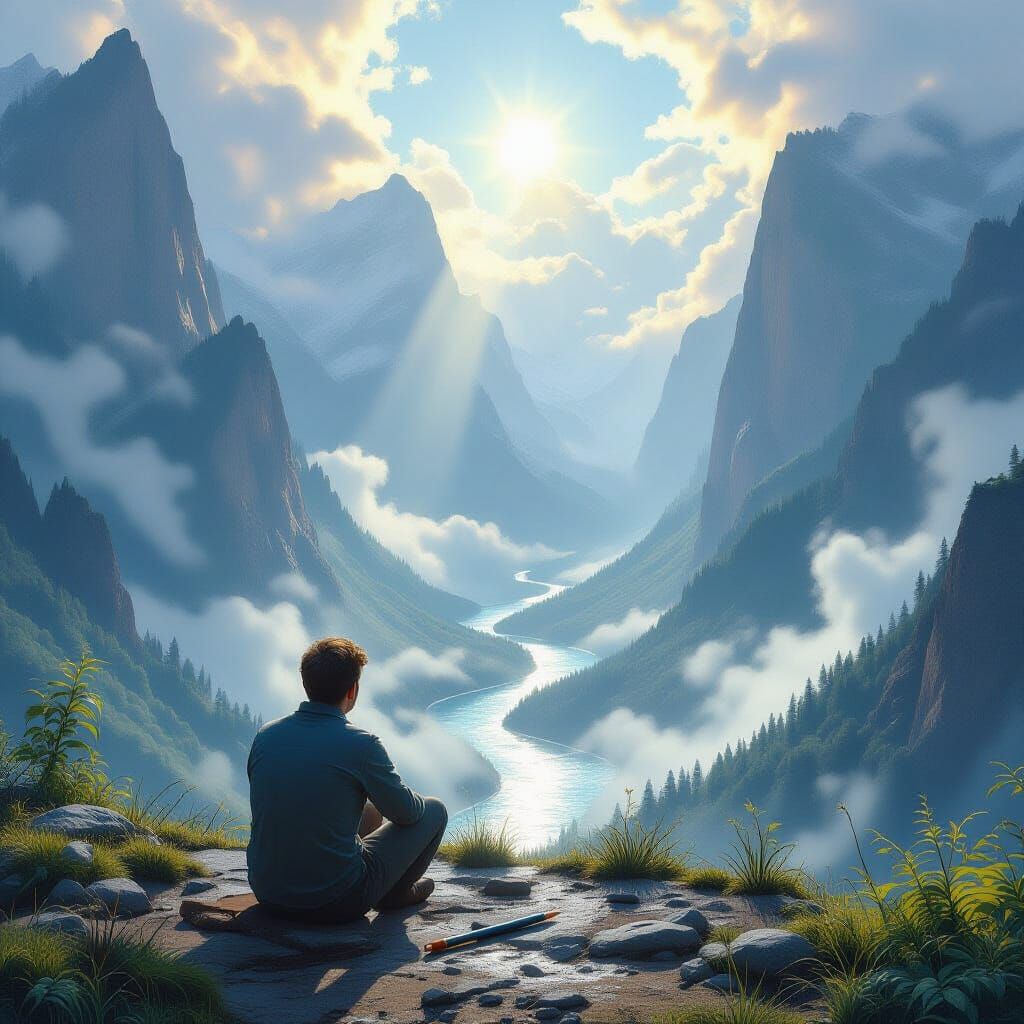 Man at Scenic Overlook with Stream from Pencil