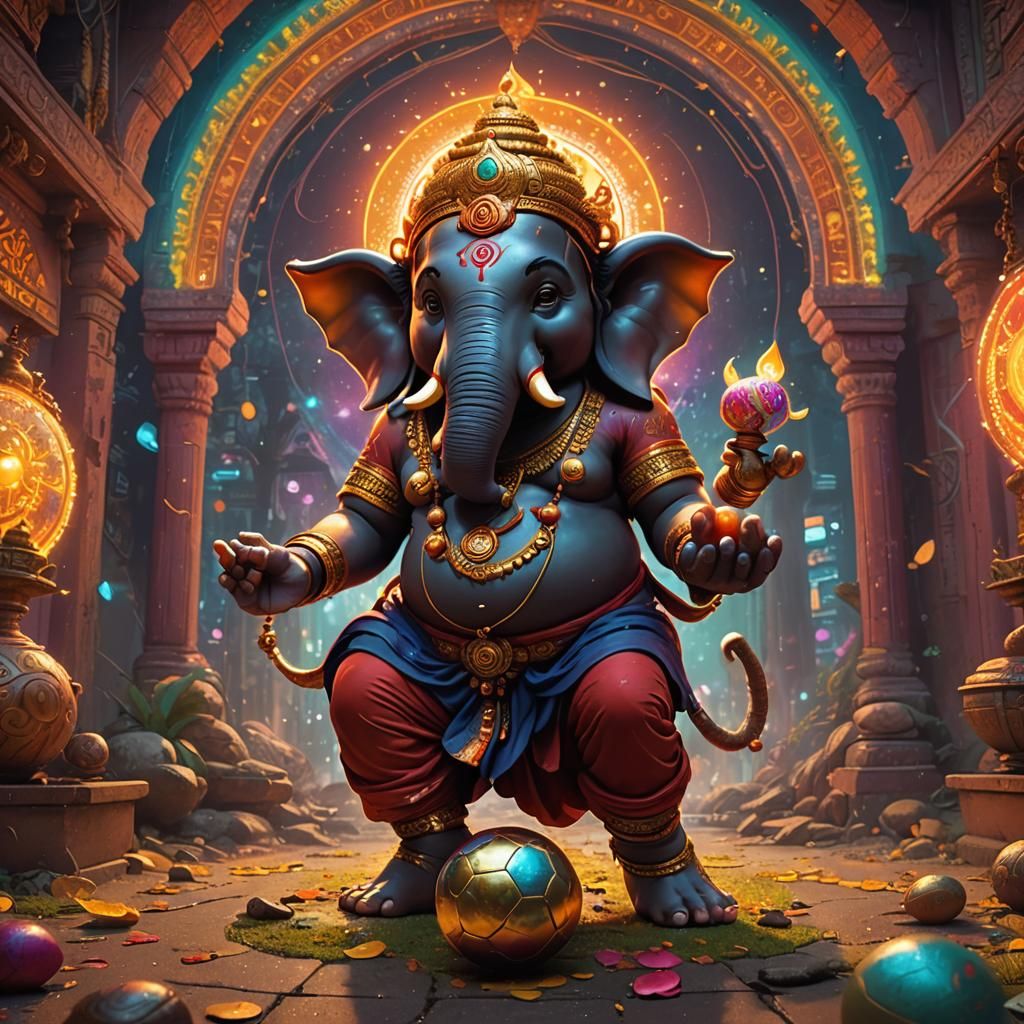 Baby Ganesh Kicking Golden Football in Fantasy Setting