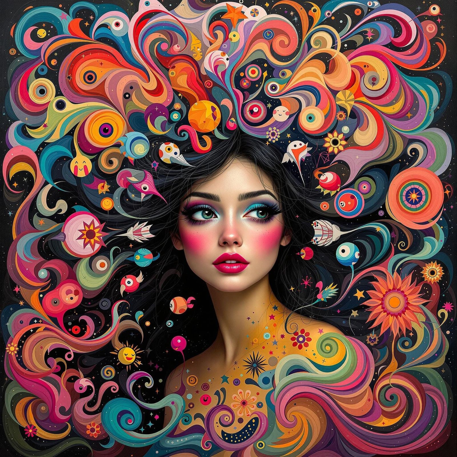 Whimsical Woman in Swirling Minestrone, Surreal Art