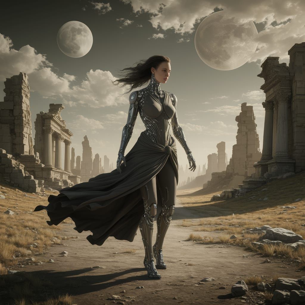 Cybernetic Gothic Woman Amidst Ruins