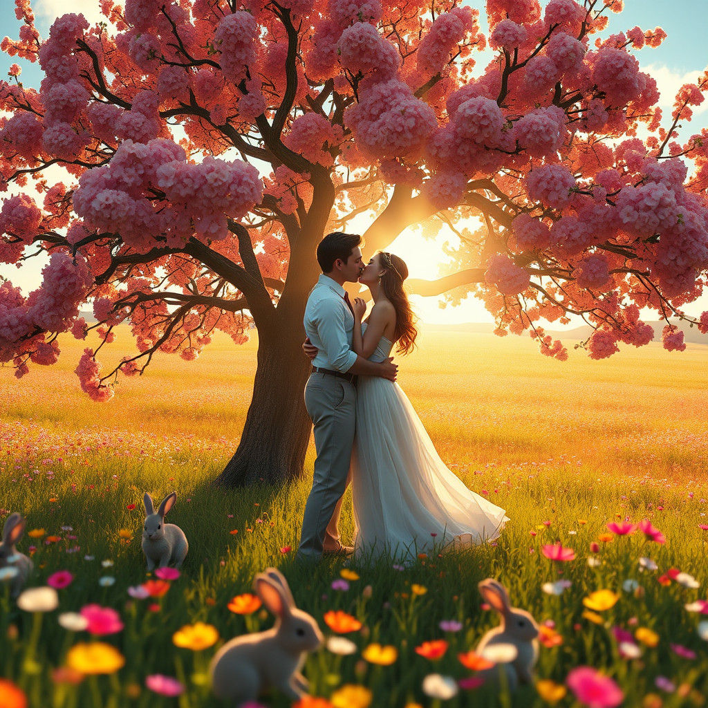 Romantic Kiss Under Blooming Tree: Fantasy Art