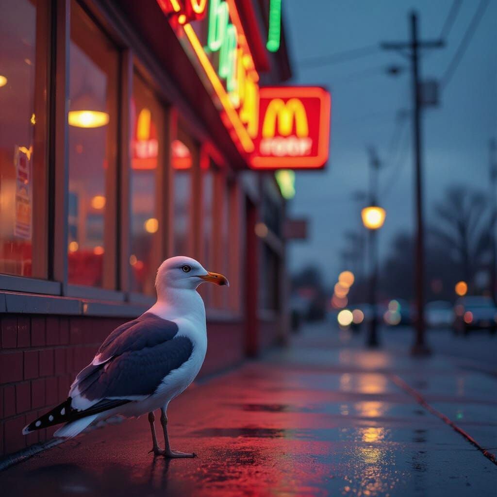 Seagull Outside Neon-Lit Fast Food Restaurant at Dusk