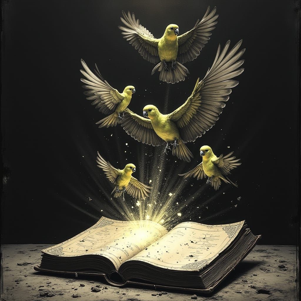 Parakeets Erupt From Ancient Tome Scattering Runes