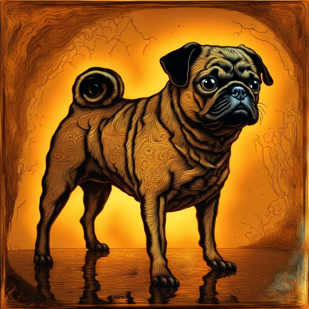 Amber Glass Pug with Katrina Etching, Halloween Style
