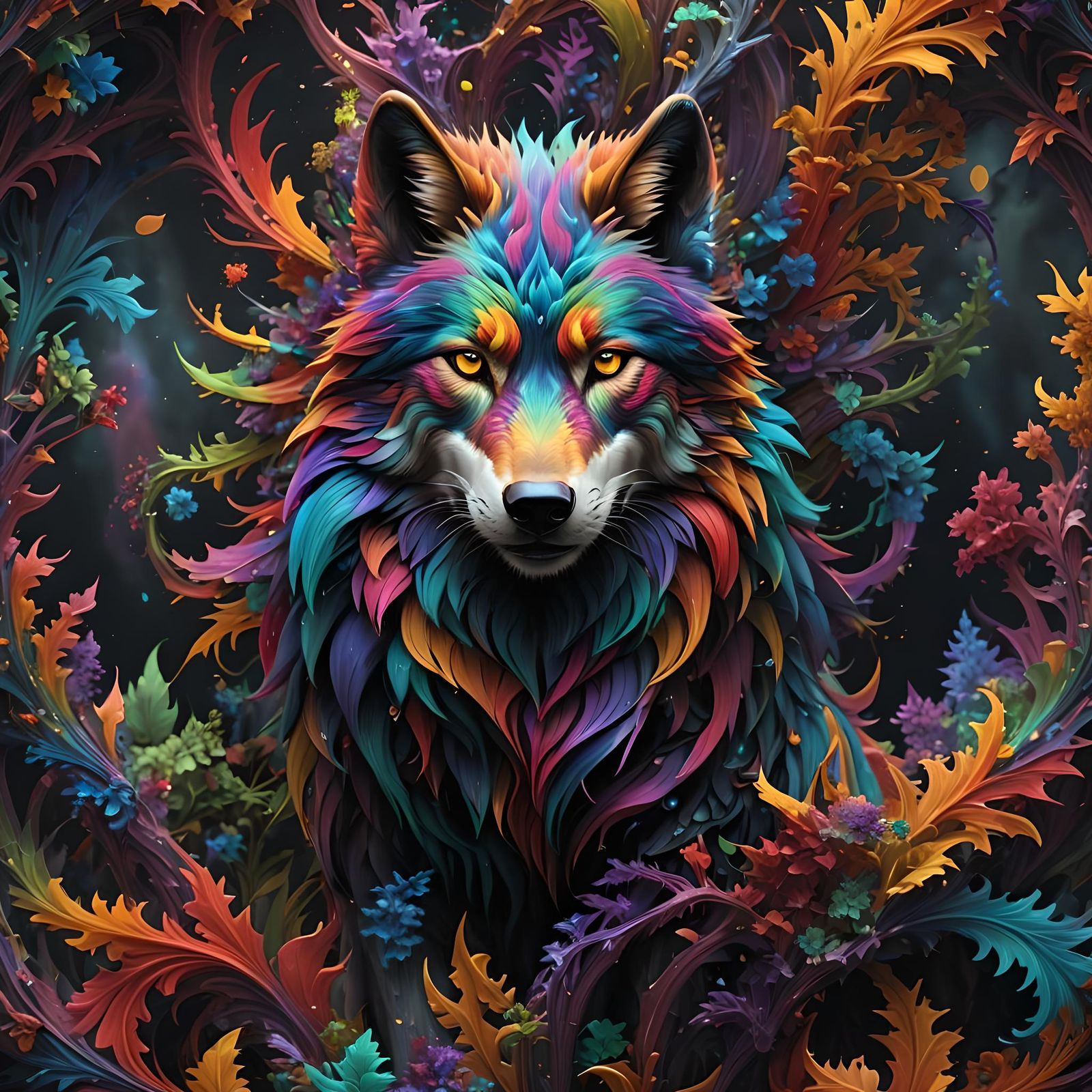 Rainbow Wolf Fractal in Detailed Matte Painting Style