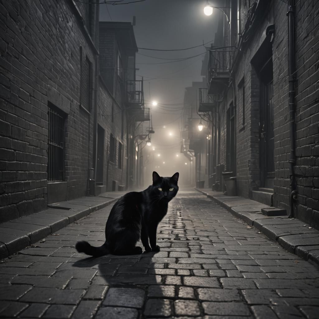 Cursed Black Cat in Foggy Alleyway