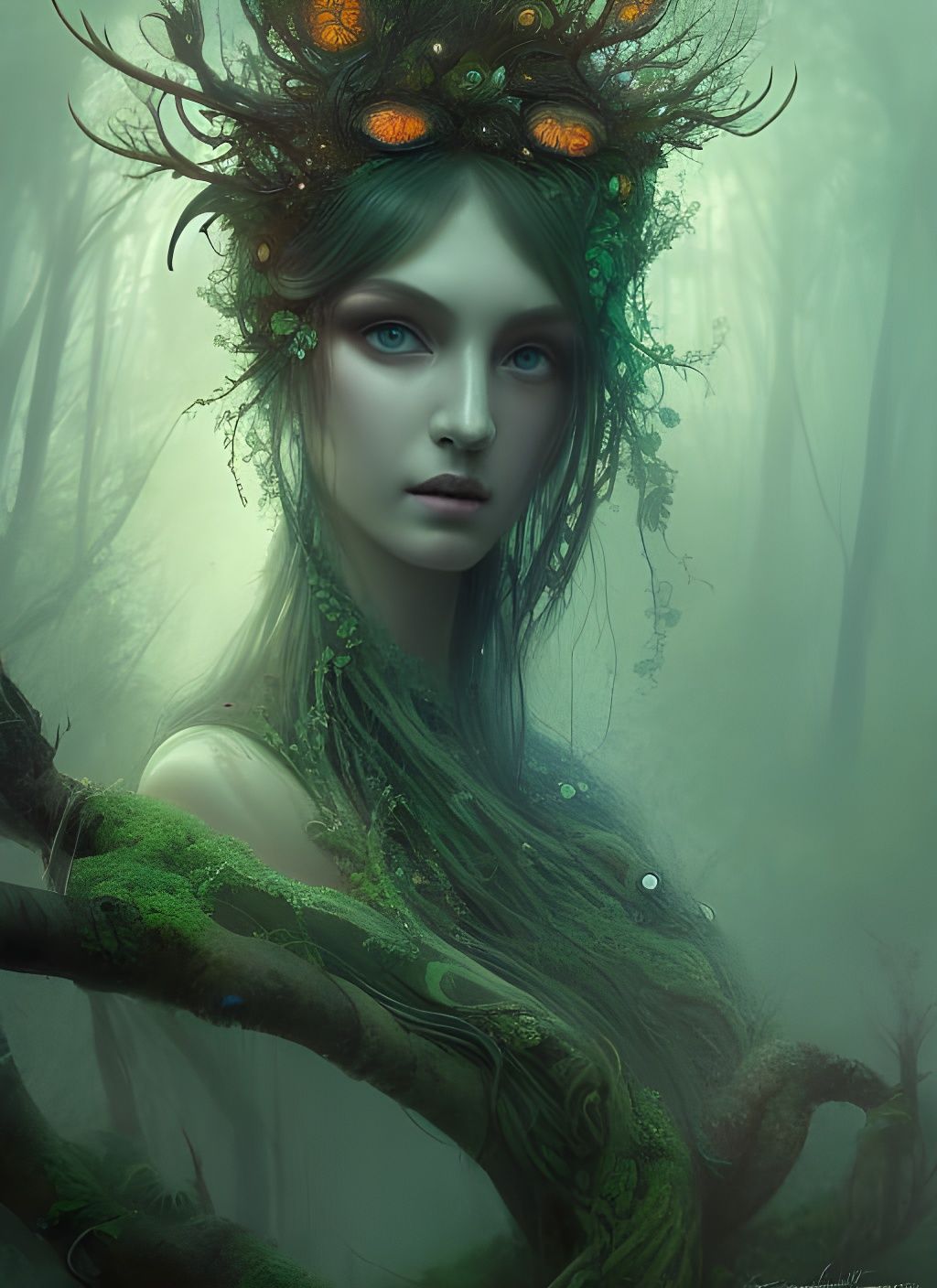 Bioluminescent Water Druid in a Forest, Fantasy Art