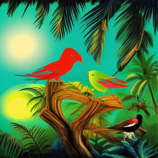 Vibrant Tropical Birds in Fantasy Forest