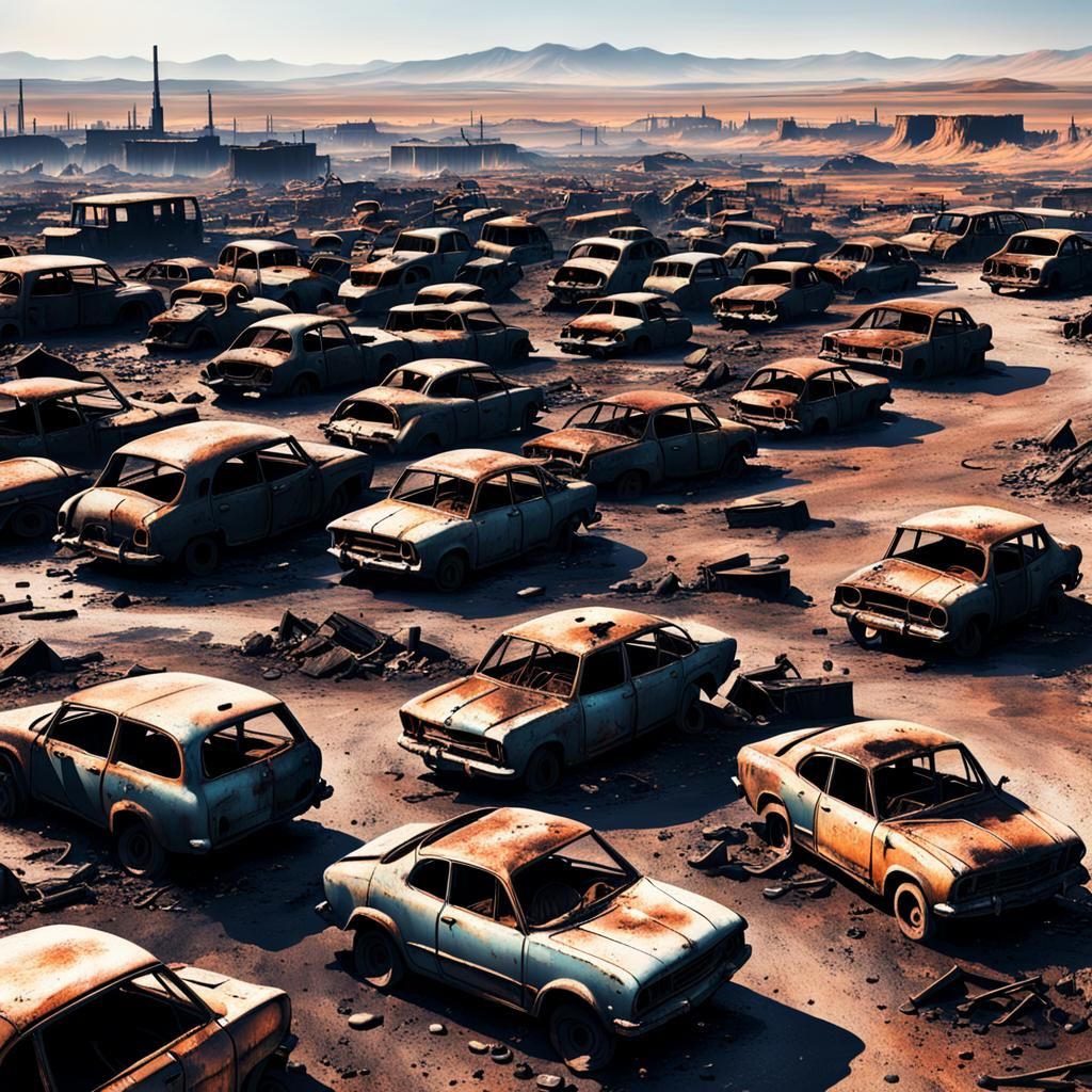 Desolate wasteland apocalypse with burnt cars all over the place