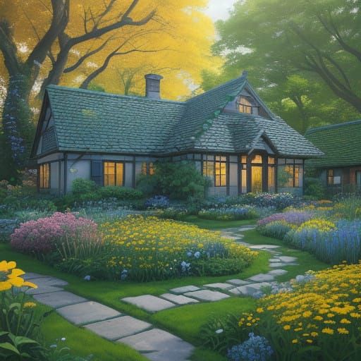 Serene Dreamlike House in Vibrant Garden