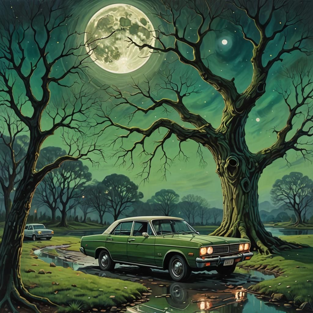 Surreal Landscape: Car in Tree, Full Moon, Magic Realism