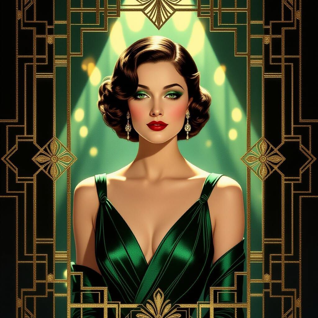Art Deco Woman in Emerald Gown with Geometric Patterns
