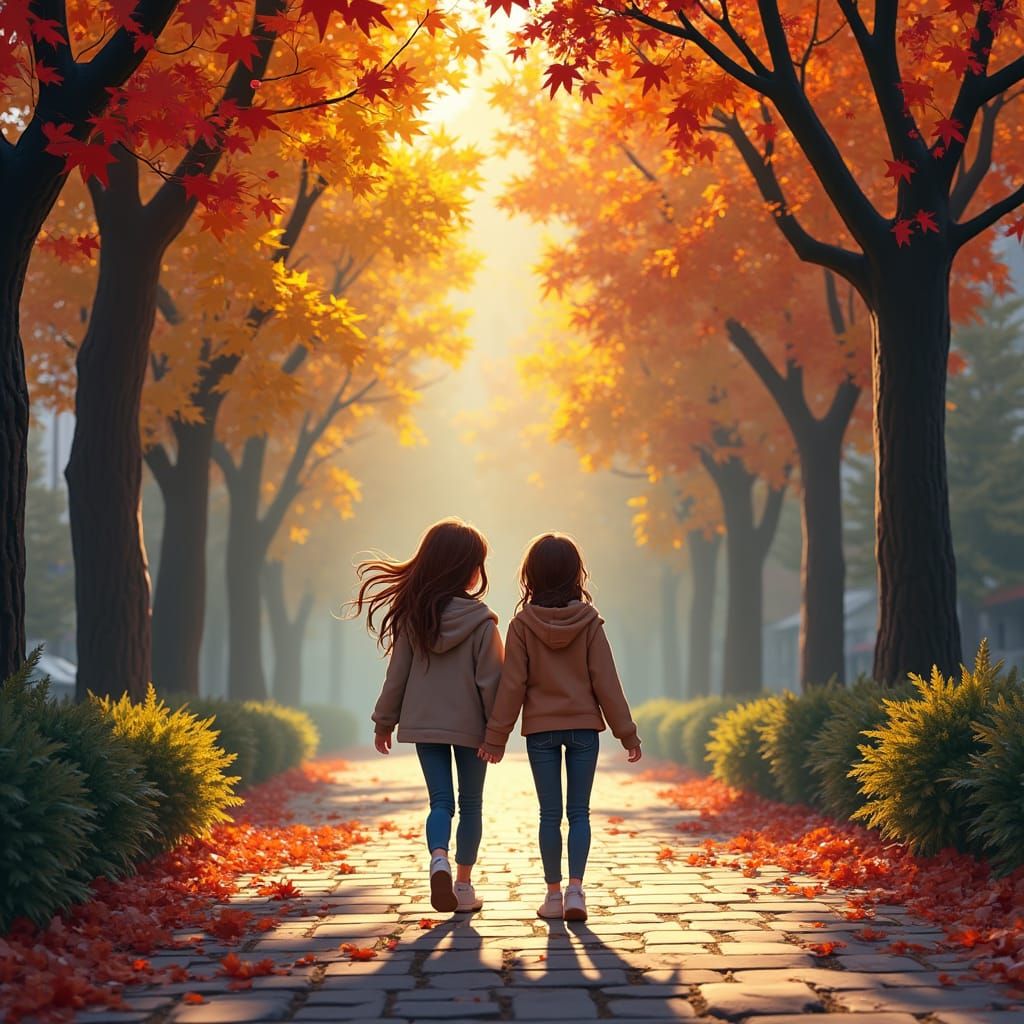 Autumn City Park: Teenage Friends in Golden Light