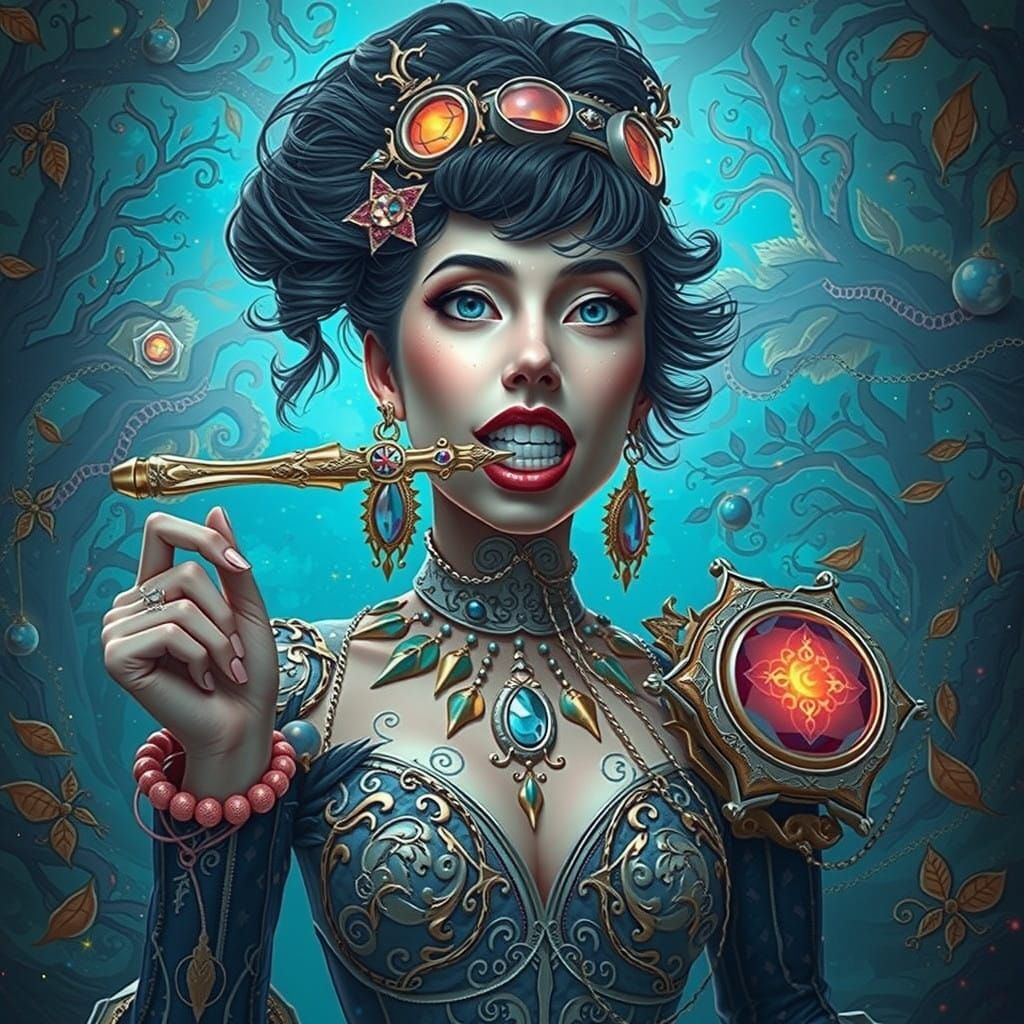 Woman in Velvet Cloak Holds Antique Pen in Thought