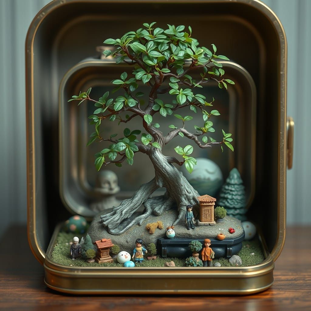 Bonsai Tree in Lunchbox, Photorealistic Miniature Landscape