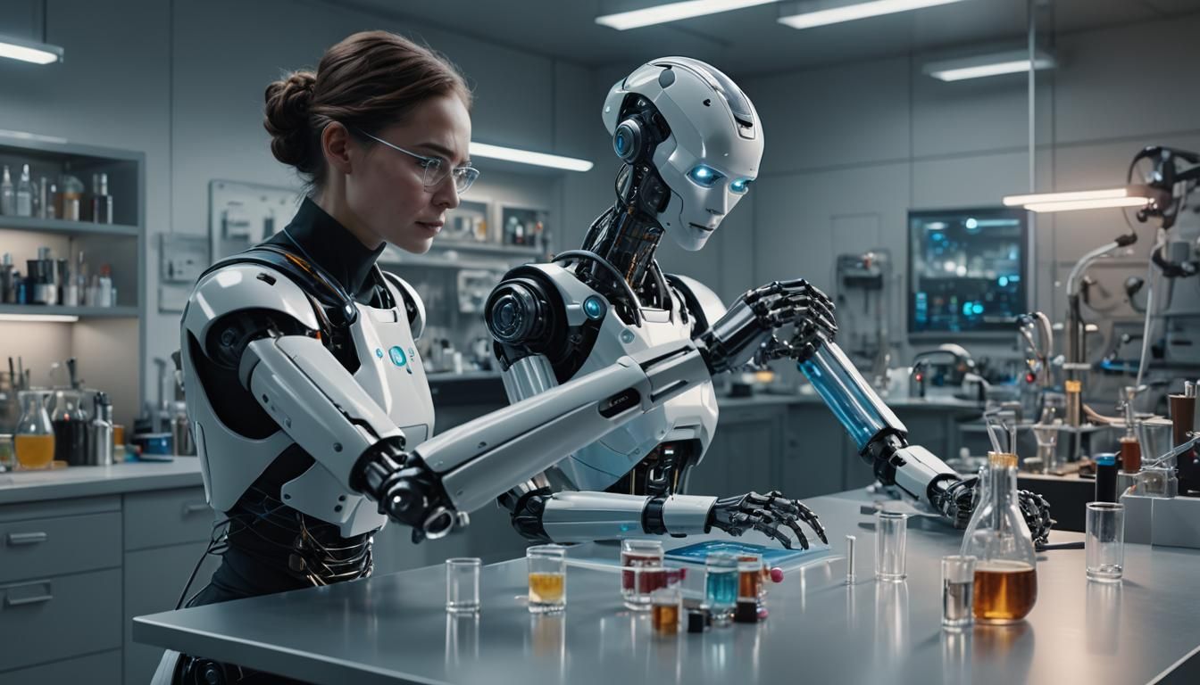 Futuristic AI Robot Assistant in Chemistry Lab