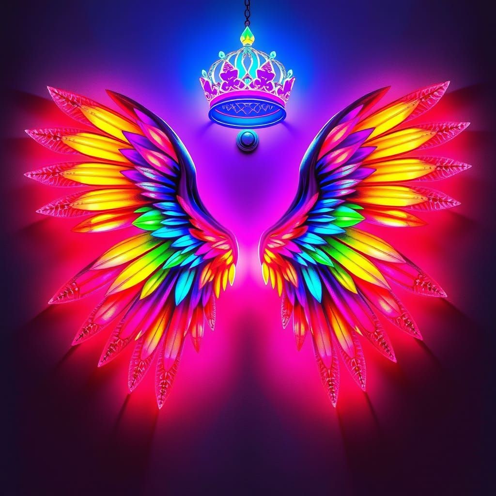 An awe-inspiring and vibrant neon art installation featuring a pair of radiant, illuminated wings. The wings are intrica...