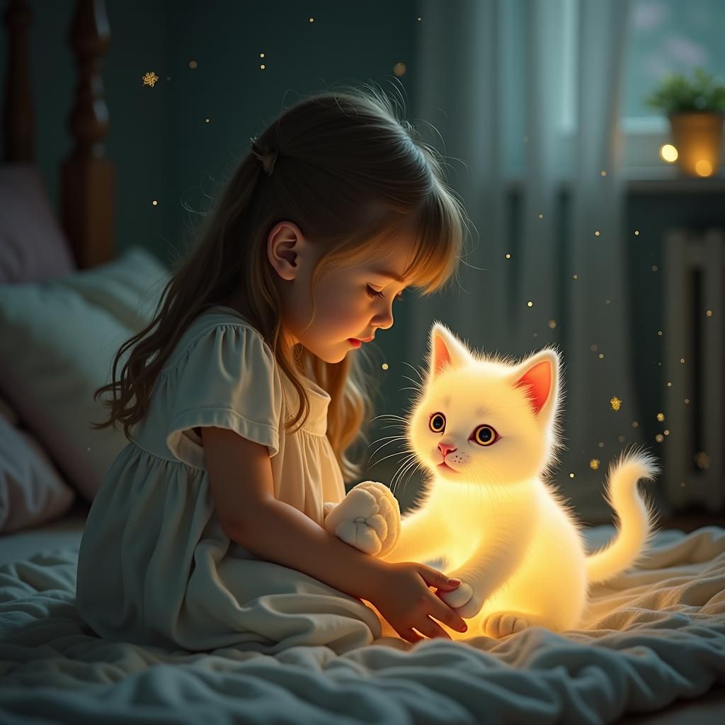 Girl Comforted By Ghost Cat in Cozy Bedroom