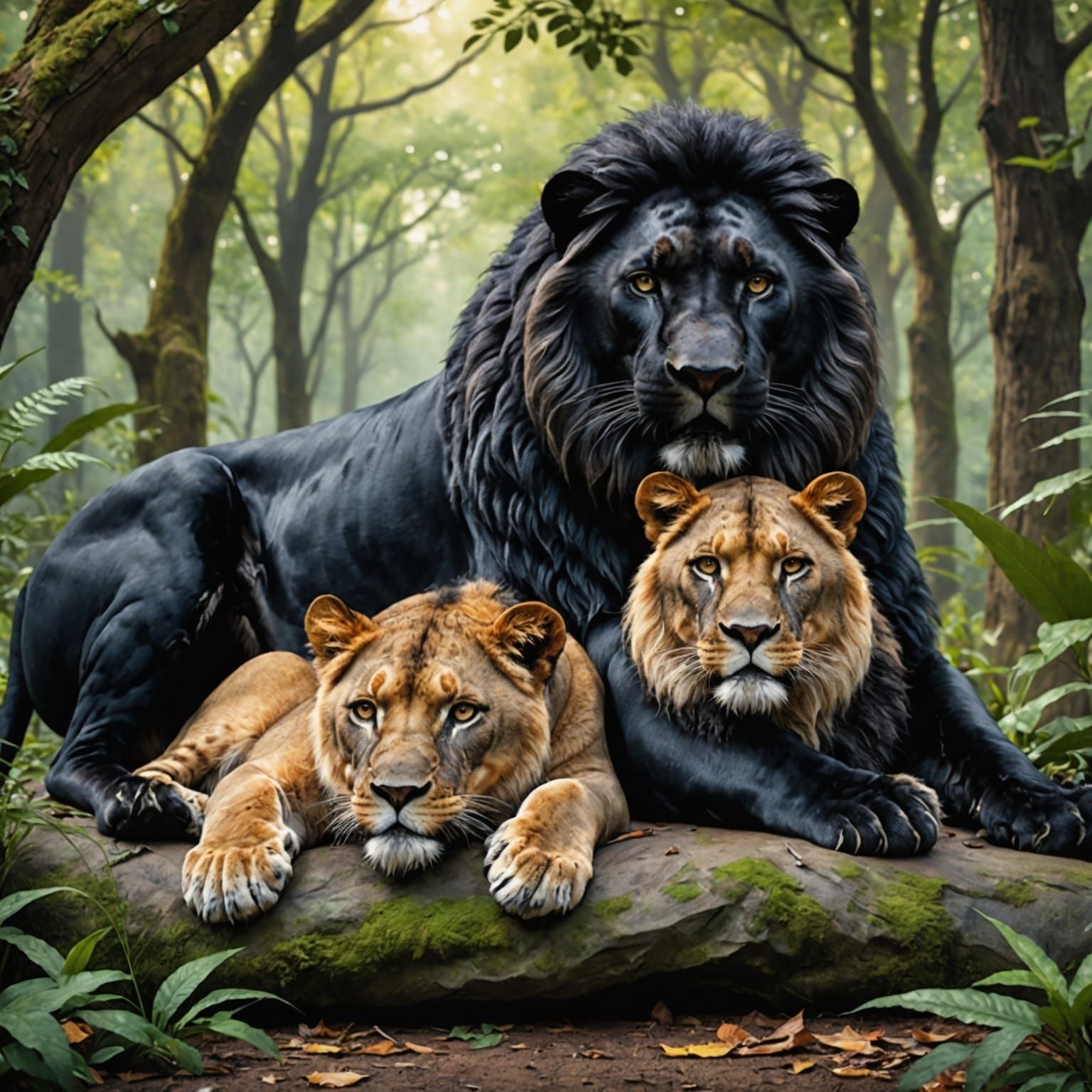 Lion and Panther in Forest Landscape Painting