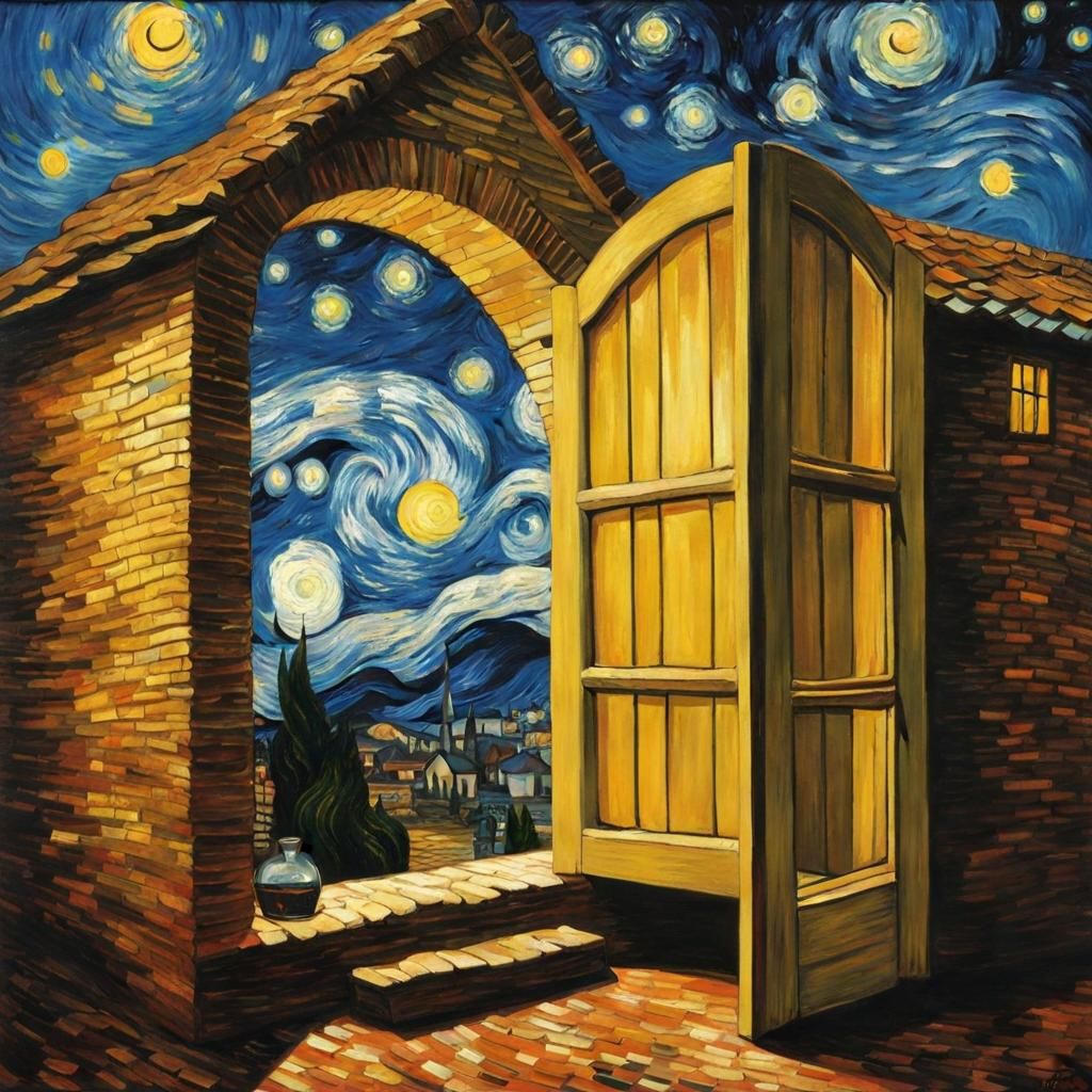 Cobhouse with Bottle Windows by River in Starry Night Style