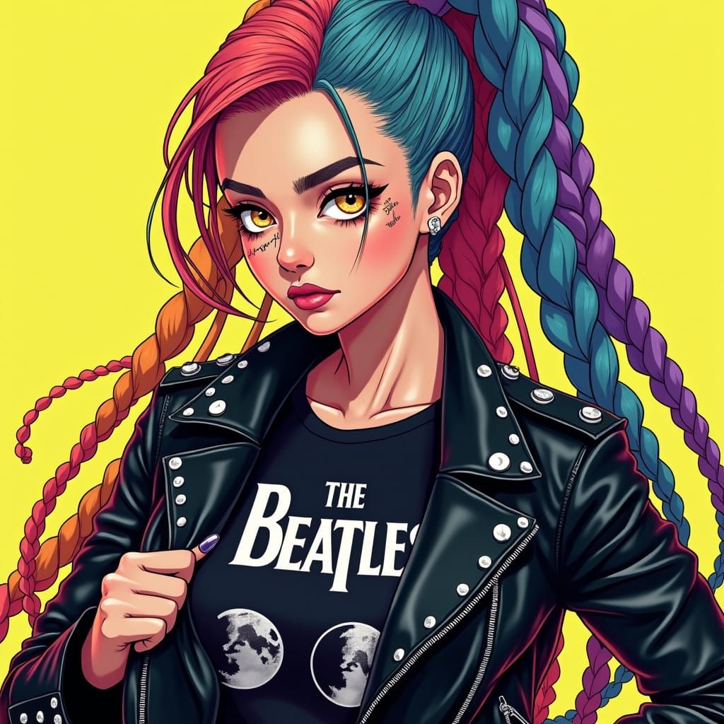 Anime Woman with Braids in Leather Jacket
