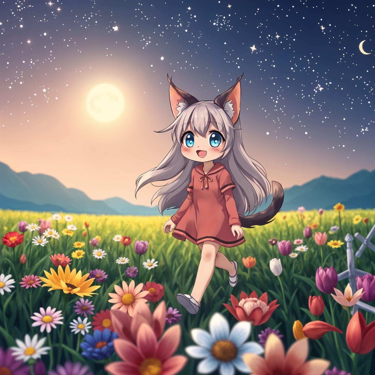 Charming Anime Catgirl Strolls Through Vibrant Nighttime Fie...
