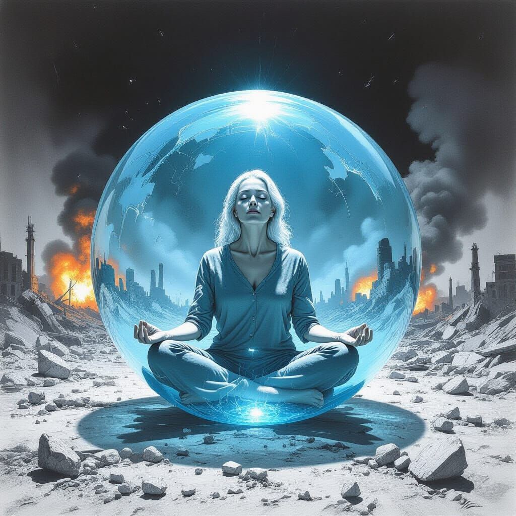 Woman Meditating in Glass Sphere Amidst Surreal War Zone