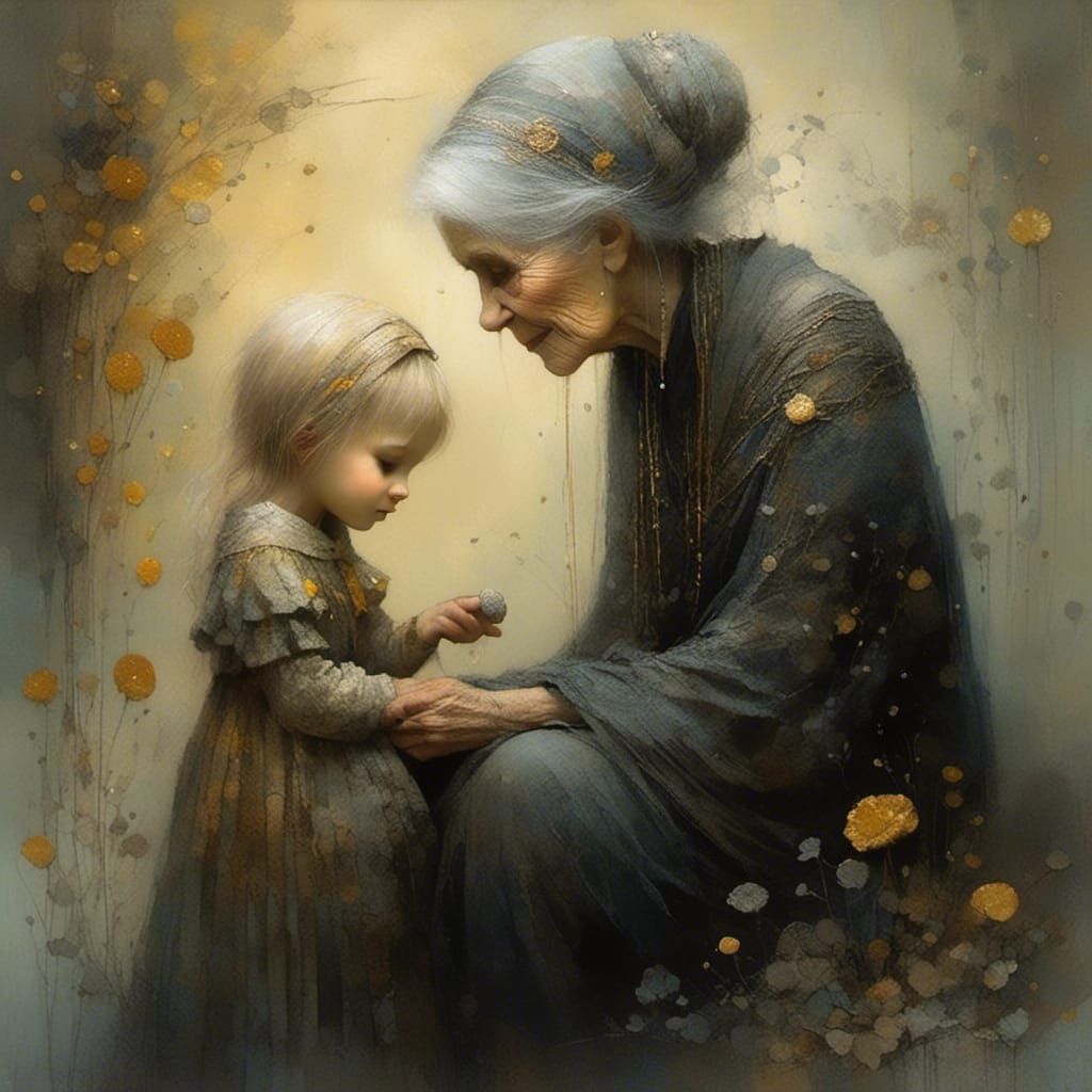 Grandmother Comforts Grandchild in Whimsical Art Style