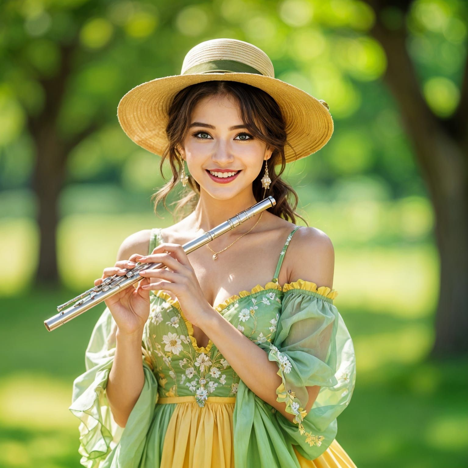 Woman with Flute in Park Landscape