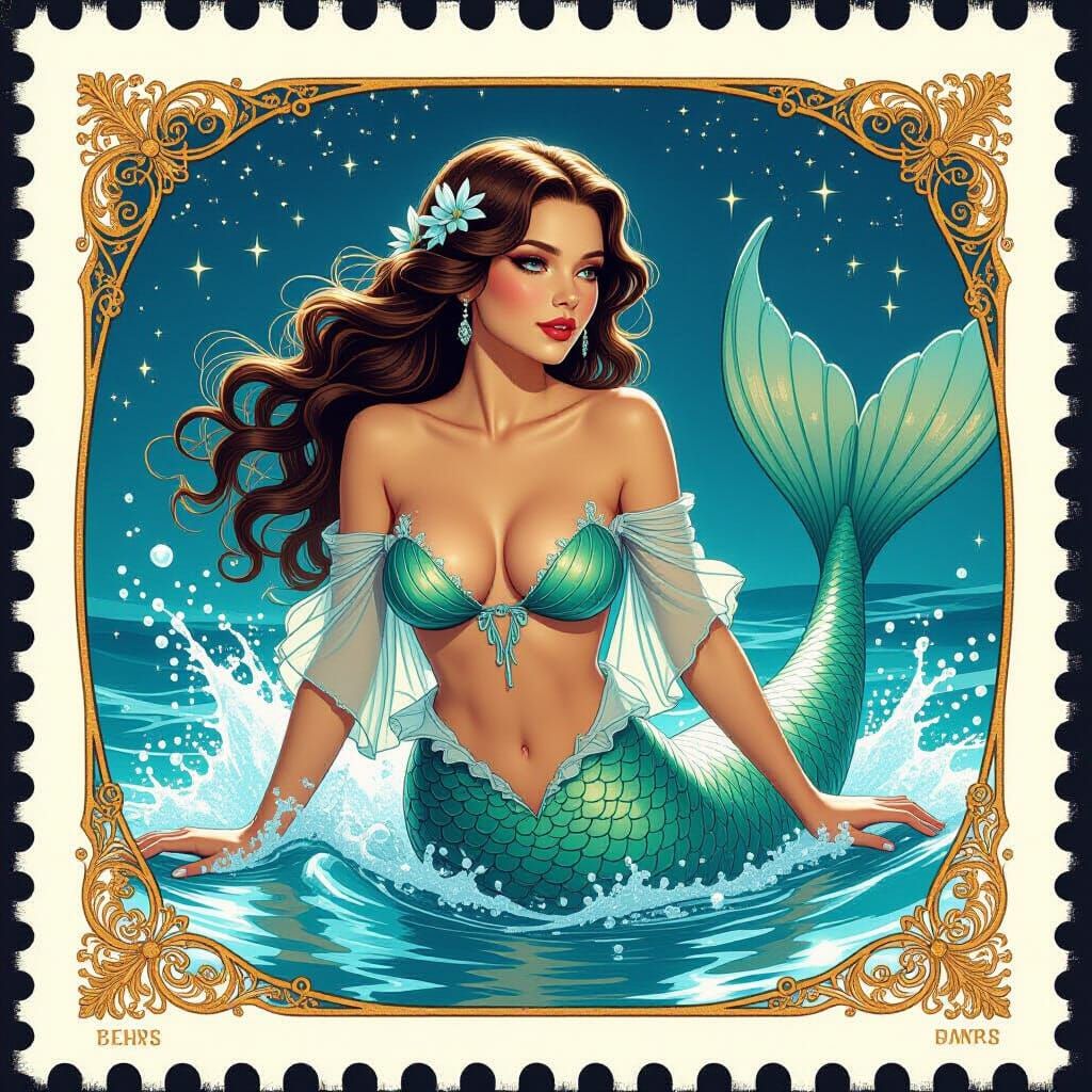 Mermaid Postage Stamp in Splash Art Style