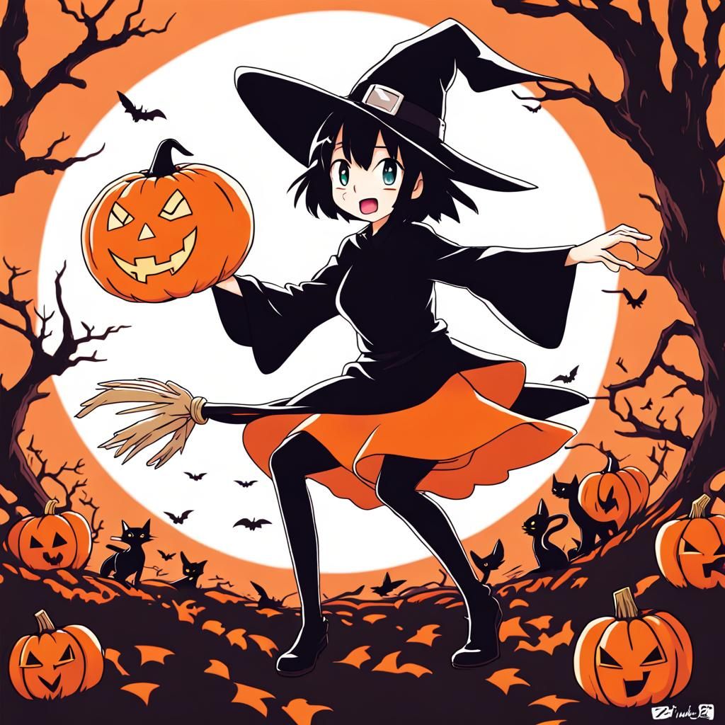 Kiki and Jiji's Jack-o'-Lantern Flight in Anime Style
