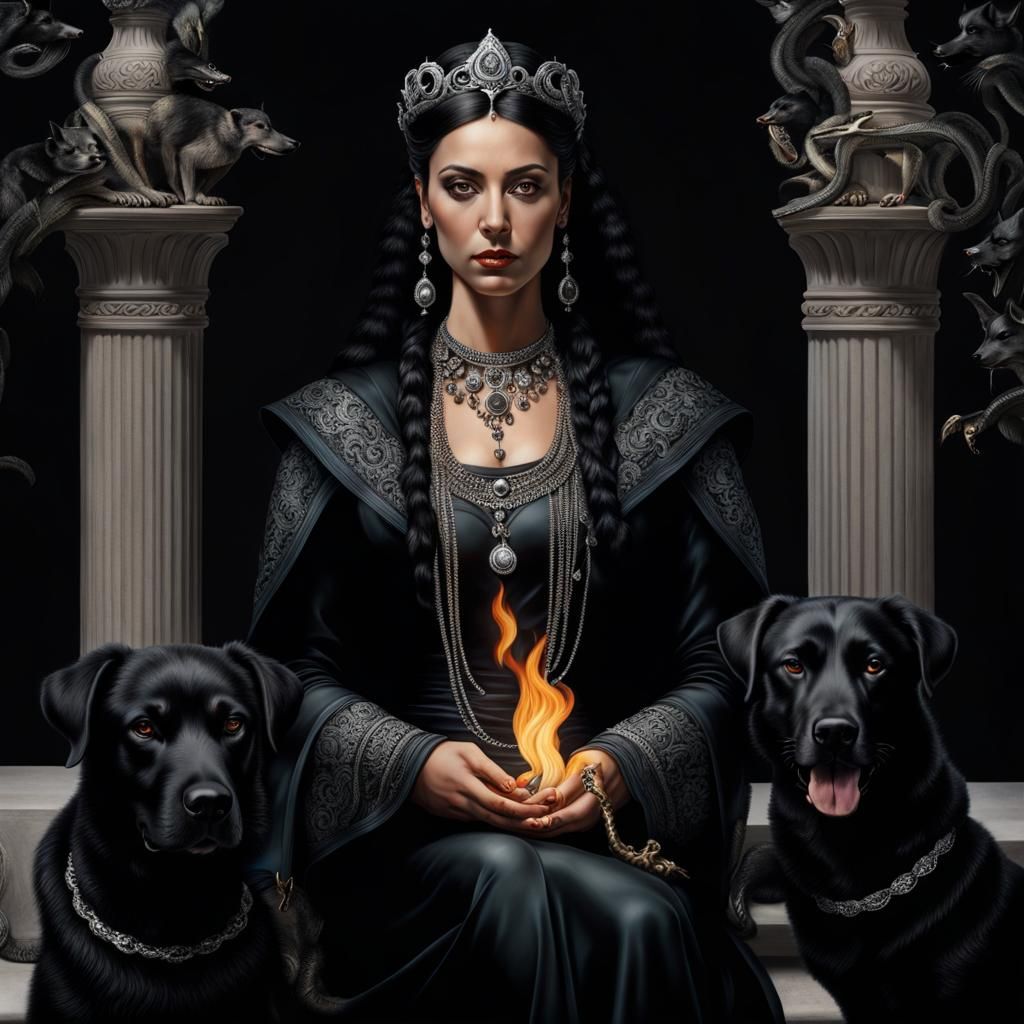 Goddess Hecate Portrait with Torches and Animals