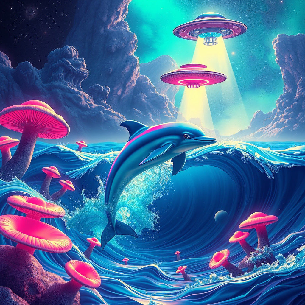 Psychedelic Dolphin Breaks Through Bioluminescent Ocean