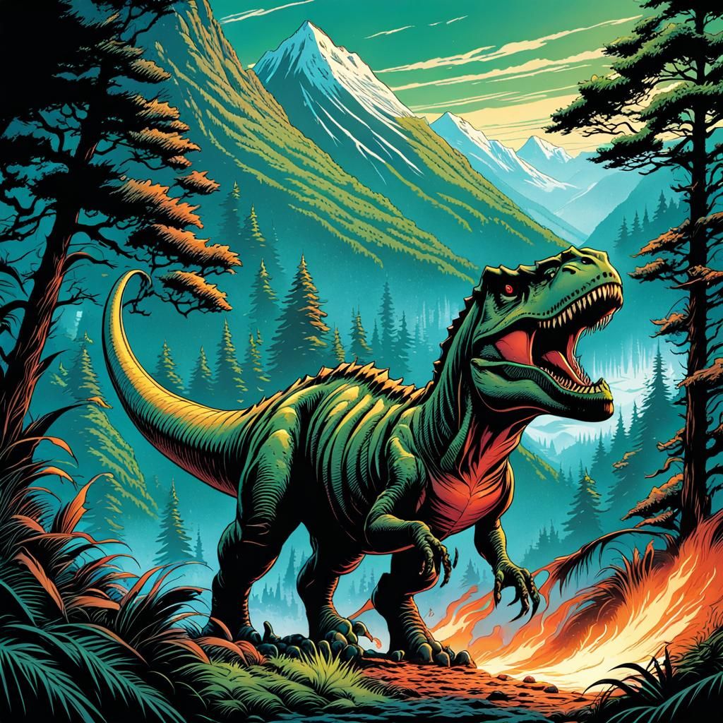 T-Rex in Valley: Comic Book Art Style