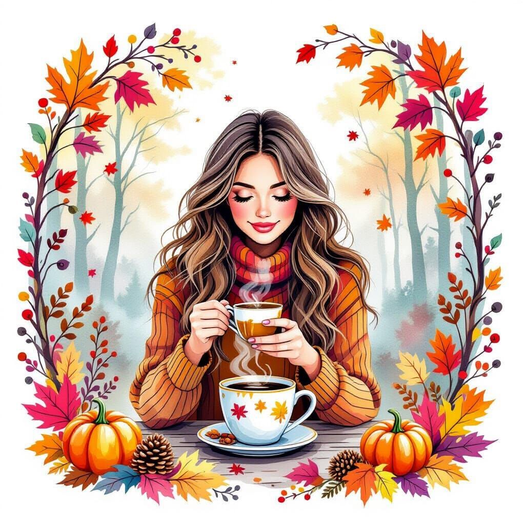 Bohemian Autumn Coffee Scene with Woman and Leaves