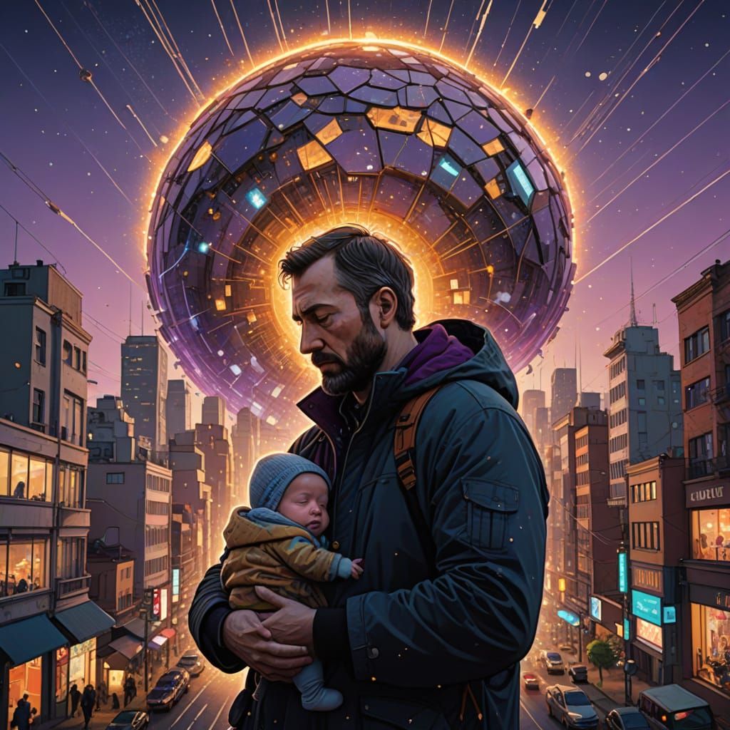 Meteor Shower Cityscape: A Father's Protection