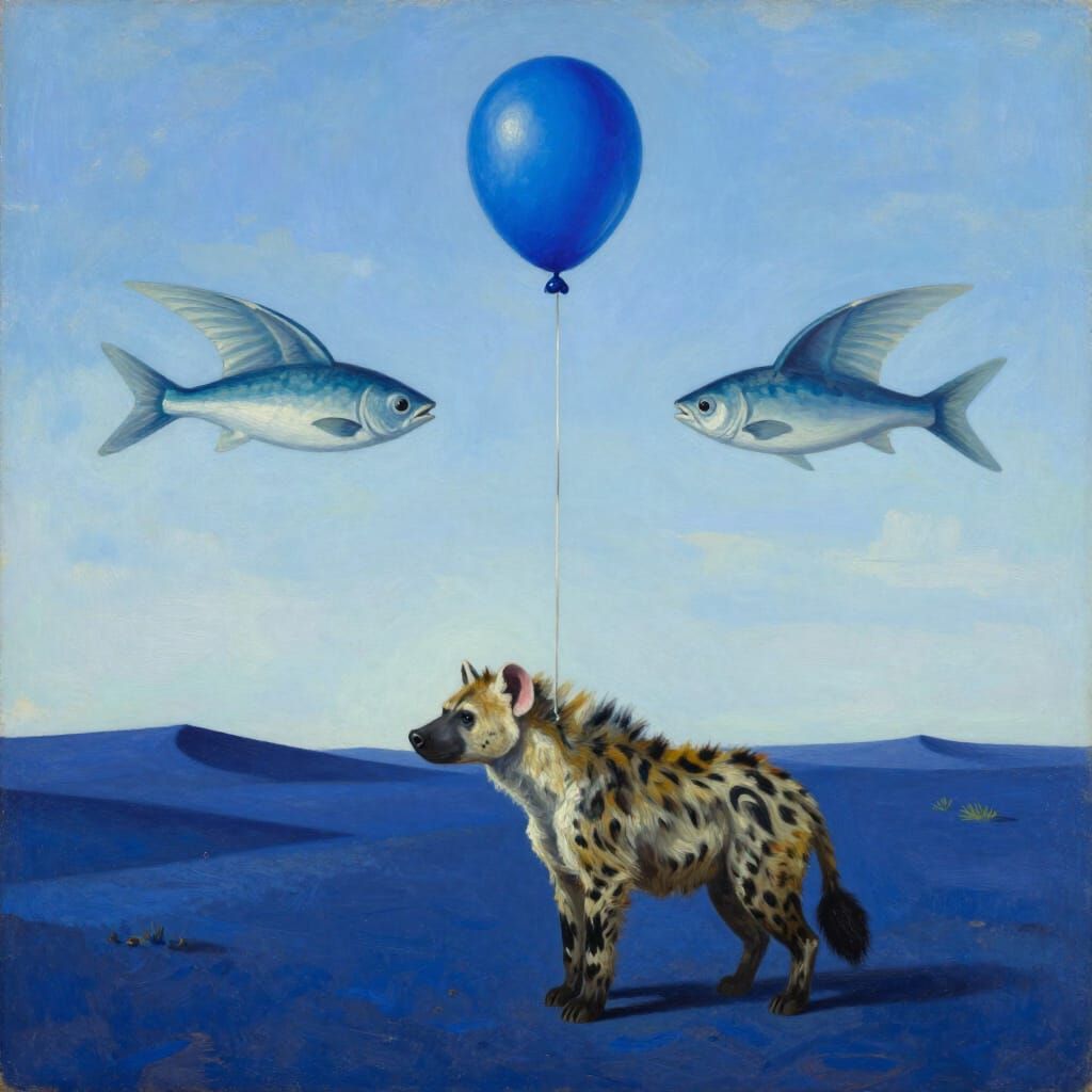 Surreal Blue Balloon Tied to Hyena Tail