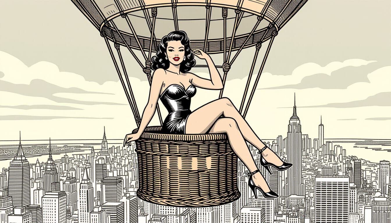 1950s Pin-Up Girl Coloring Page Above City