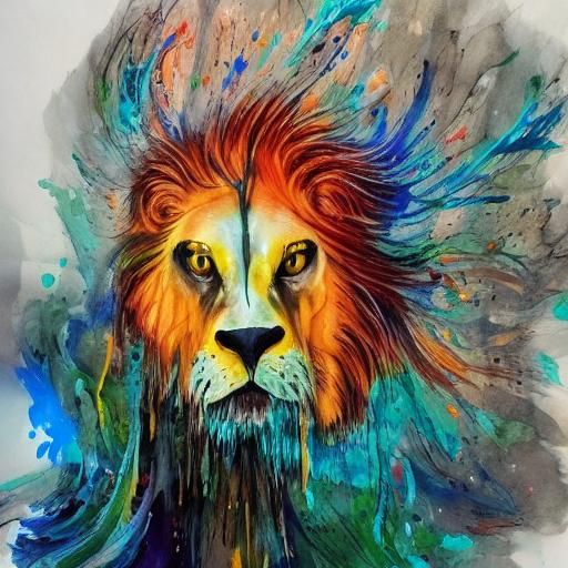 Terrifying Ghost Lion in Splatter Ink Savanna