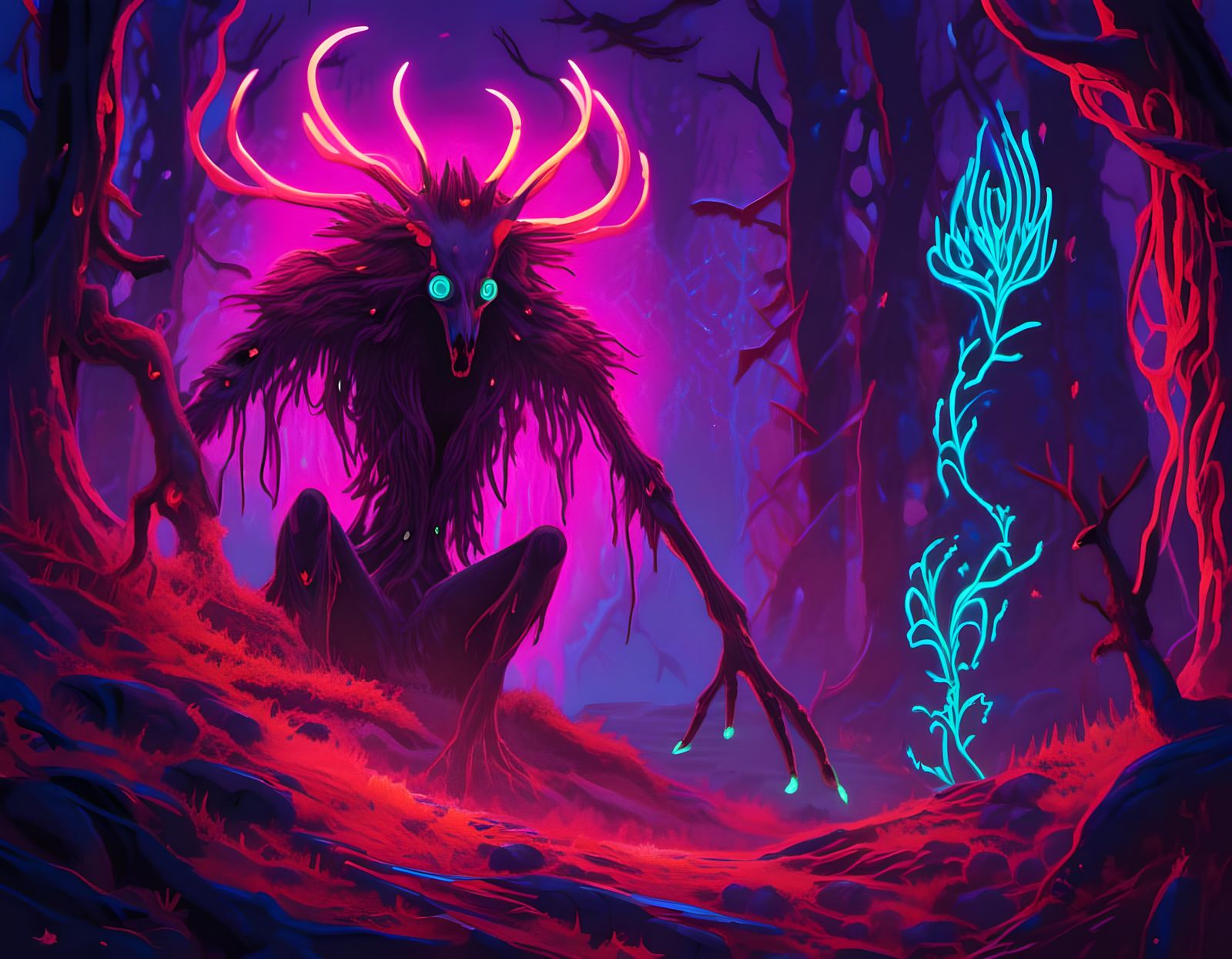 Neon Gothic Wendigo in Bioluminescent Forest