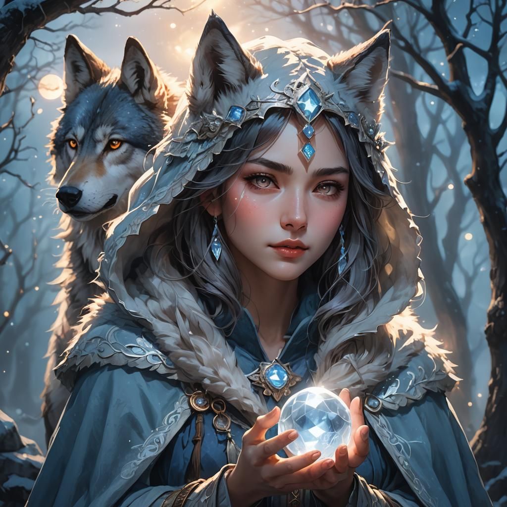 Anime Girl with Wolf Ears and Crystal Orb