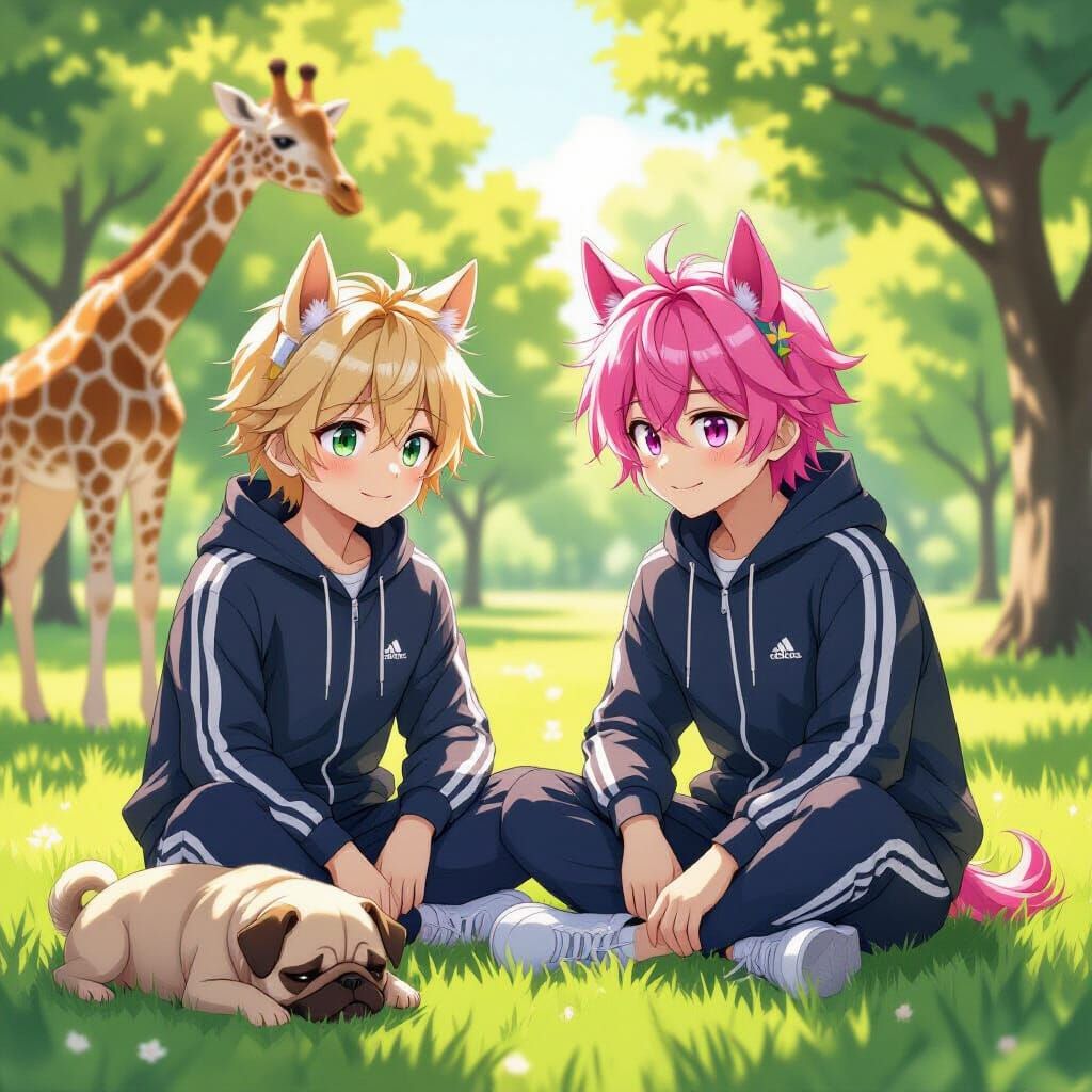 Anime Boys with Horse Ears in Morning Park