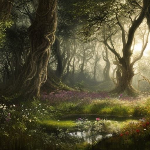 Victorian Gothic Garden with Lush Woodland, Hyperdetailed