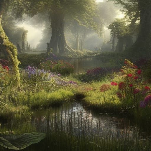 Gothic Victorian Garden with Lush Woodland, Hyperdetailed Ar...