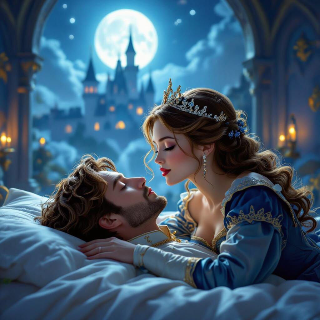 Princess Kisses Sleeping Prince in Moonlit Castle