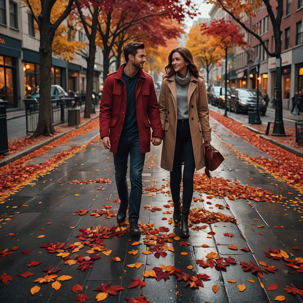 a couple walking hand-in-hand through a bustling city street...